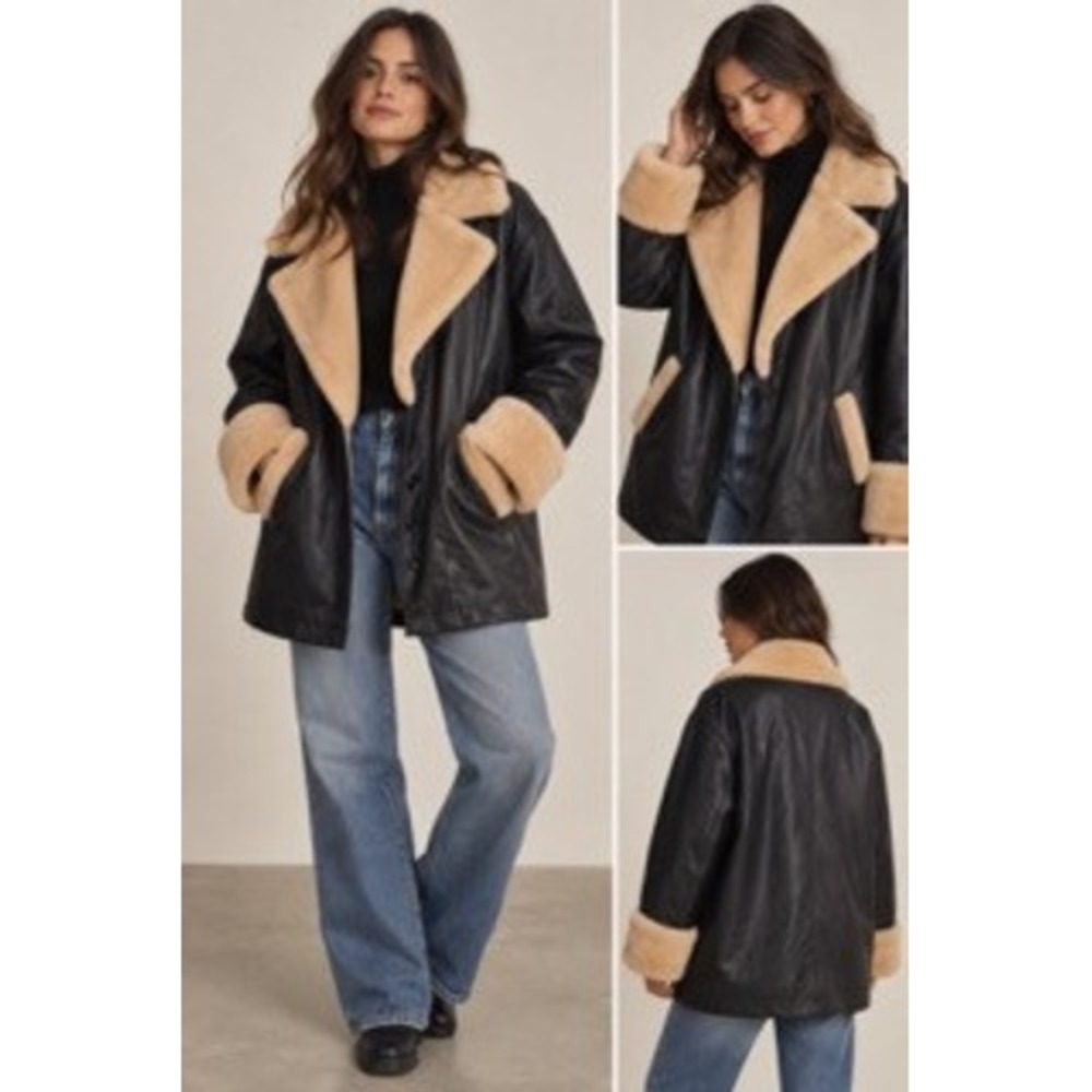 Emory Park Black Faux Leather Jacket Tan Faux Fur Trim Quilted Lining Large